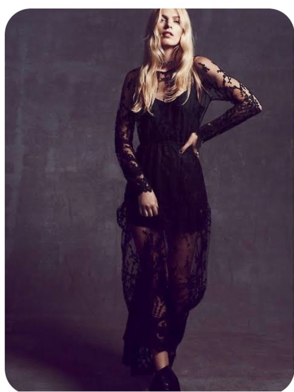 Free People Decadent Sheer Black Lace Maxi Dress L